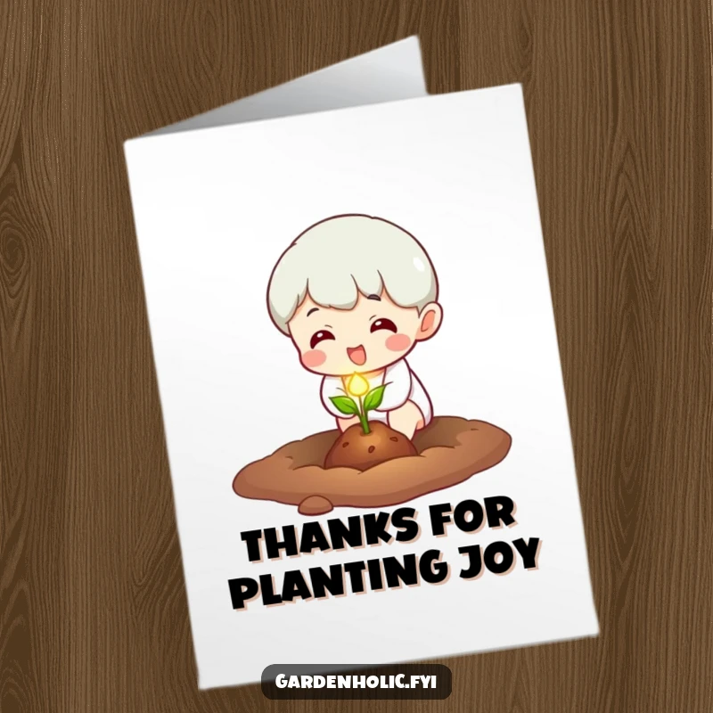 Funny Free Printable Thank You Card showing a character planting a tiny, glowing seed, expressing gratitude for growth.