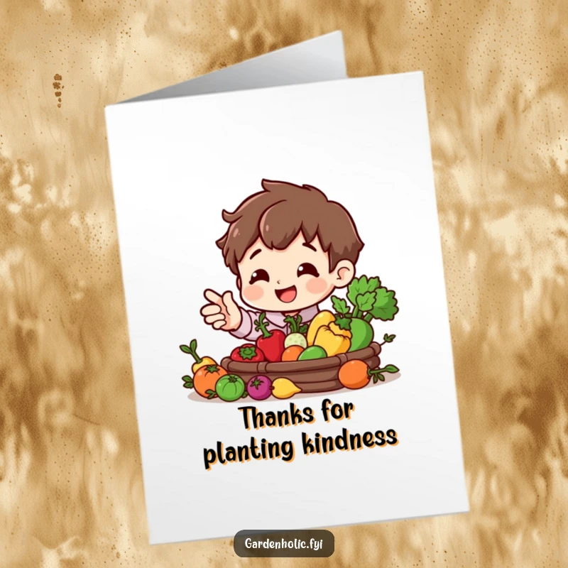 Funny Free Printable Thank You Card: A character beaming with pride gestures towards a miniature harvest of vegetables, thanking someone.