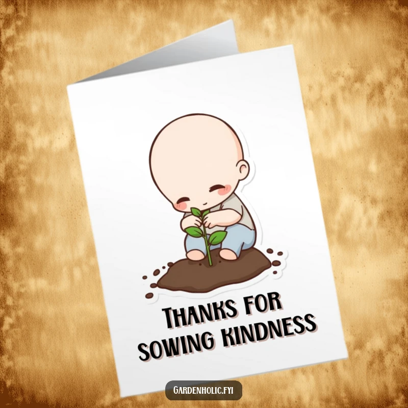 Funny Free Printable Thank You Card: Tiny being carefully planting a seed, symbolizing gratitude planted.