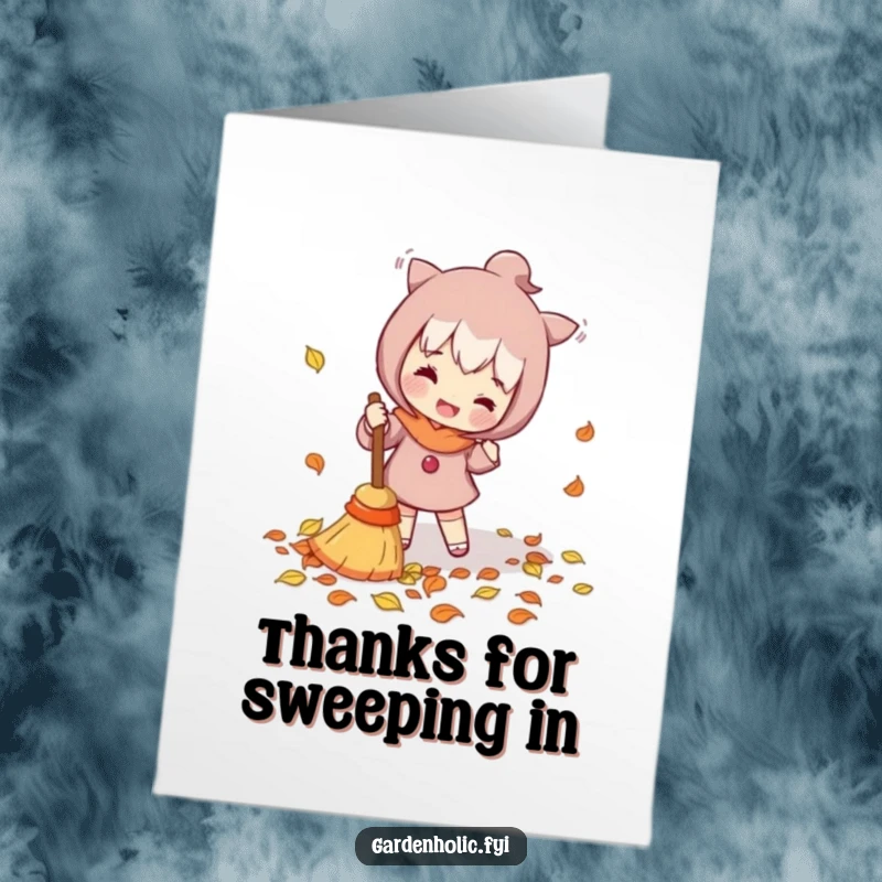 Funny Free Printable Thank You Card with a character enthusiastically sweeping fallen leaves, expressing thanks for help.