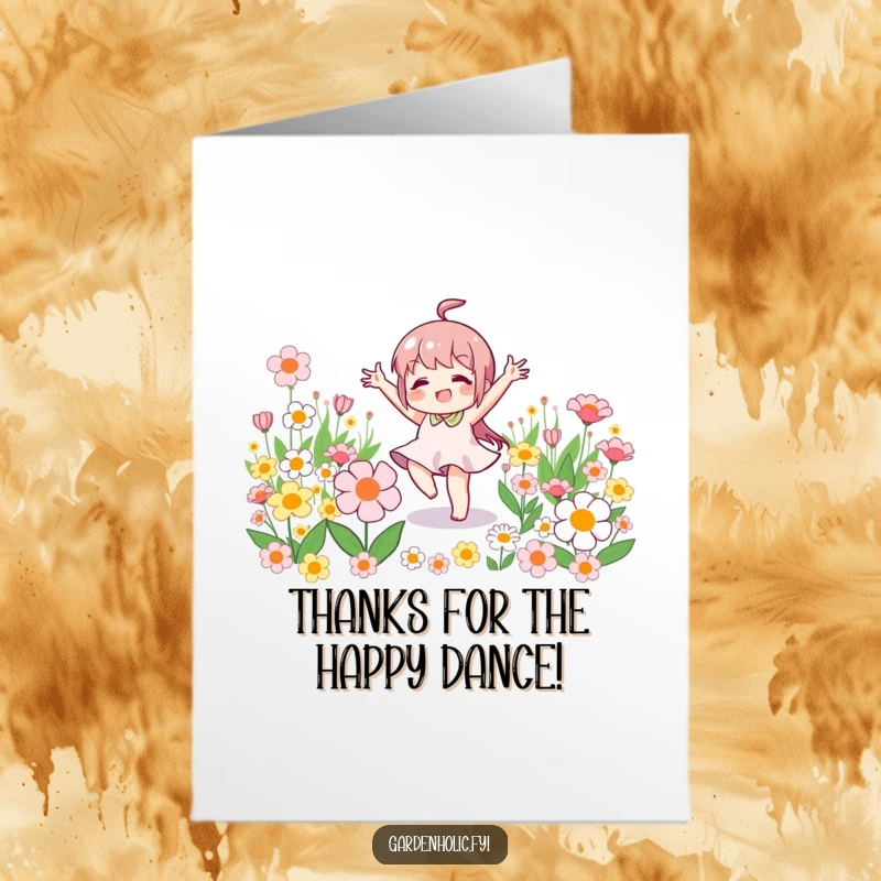 Funny Free Printable Thank You Card: Little character doing a happy dance amongst blooming flowers, signifying abundant thanks.