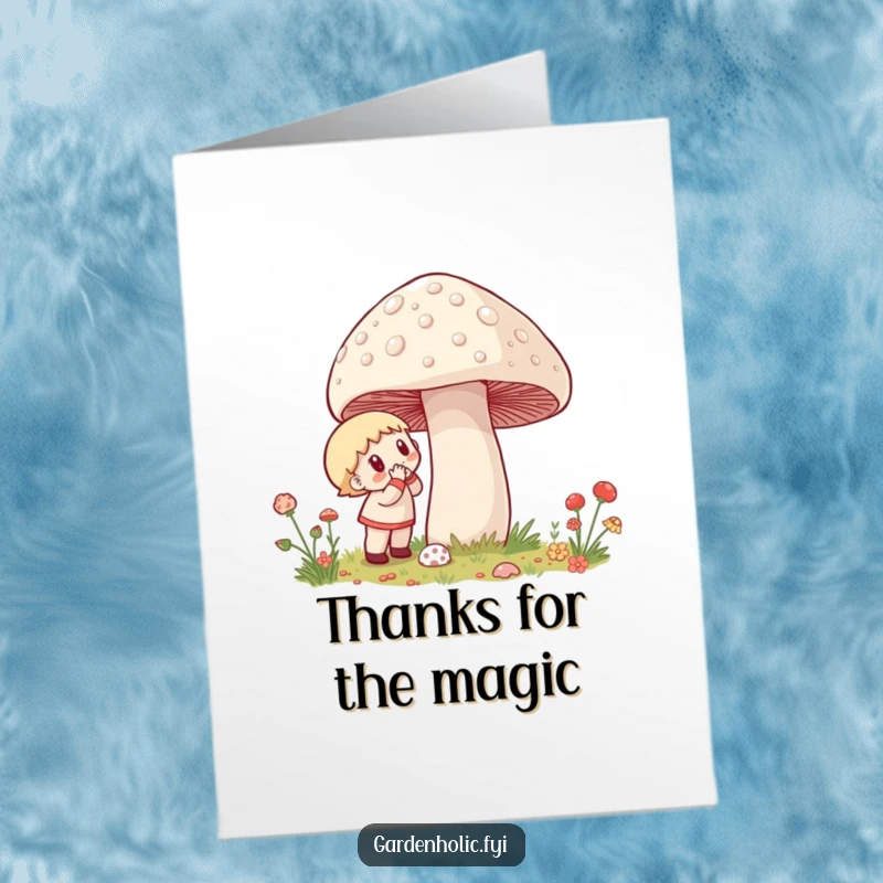 Funny Free Printable Thank You Card: Character excitedly inspects a huge, glistening mushroom, conveying awe and thanks.