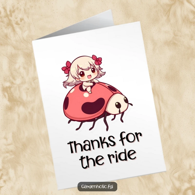 Funny Free Printable Thank You Card: Character rides with glee on a giant ladybug, conveying thanks in a fun way.