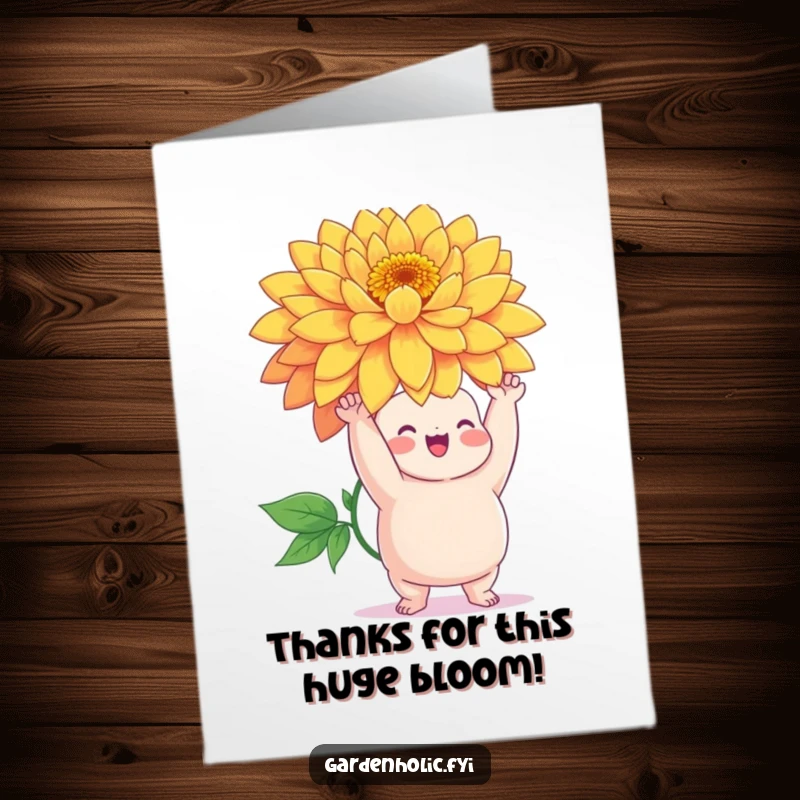 Funny Free Printable Thank You Card: Chubby character triumphantly holding a giant, vibrant flower, a symbol of blooming gratitude.