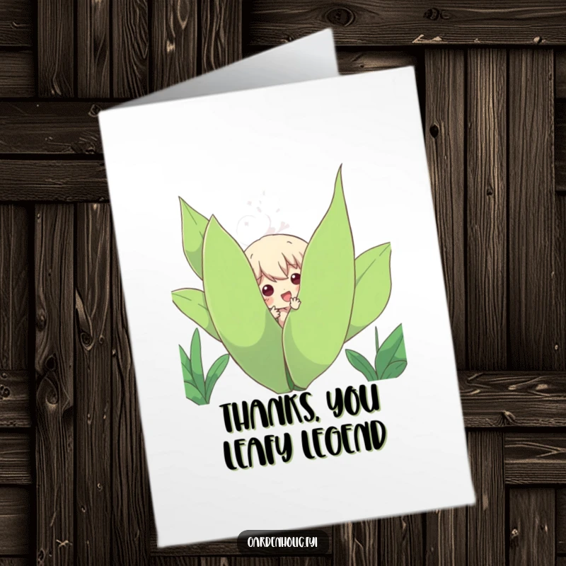 Funny Free Printable Thank You Card with a character peeking from behind lush greenery, expressing thanks with humor.