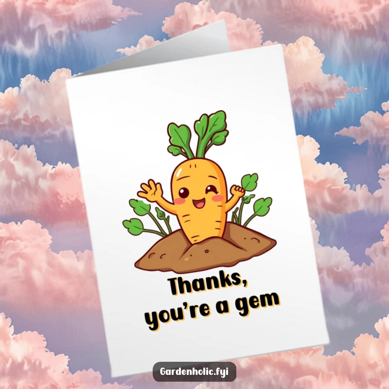 Funny Free Printable Thank You Card: Joyful carrot character giving a friendly wave from the soil. DIY gift.