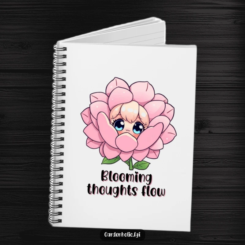 Funny notebook cover featuring a character with wide eyes admiring a giant flower, ideal for jotting down thoughts and creative ideas.