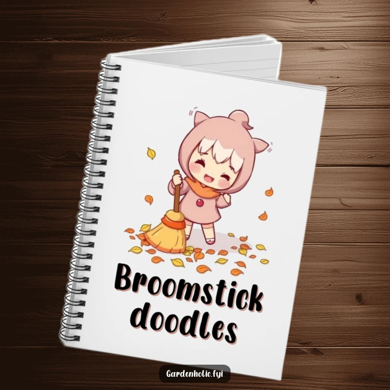 Funny Notebook: Character enthusiastically sweeping fallen leaves with a tiny broom, perfect for journaling and capturing tidy, humorous thoughts.