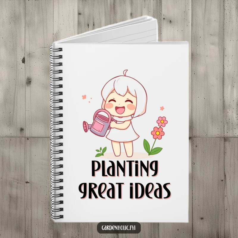 Funny notebook with a cute character joyfully watering a small blooming flower with a tiny watering can, perfect for notes and creativity.