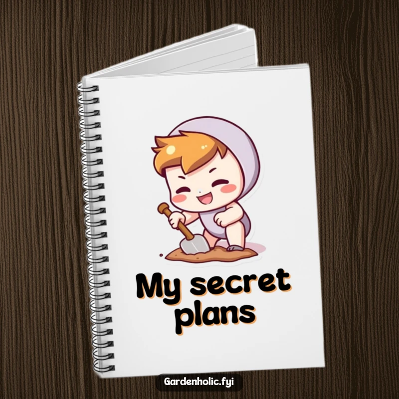 Funny notebook with a character grinning determinedly while digging a tiny hole with a trowel, perfect for planning.