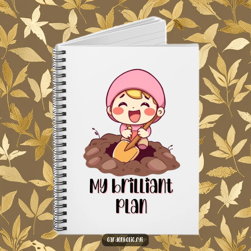 Funny notebook featuring an excited character digging with a tiny shovel, perfect for planning adventures and jotting ideas.