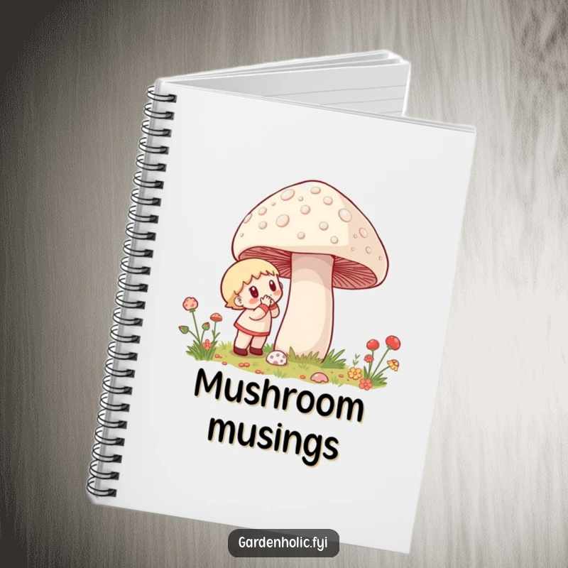 Funny Notebook: A character excitedly examines a giant mushroom, perfect for jotting down nature notes with humor.