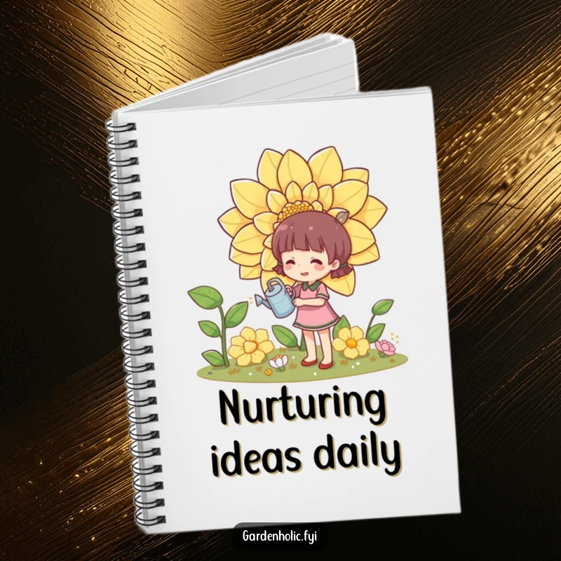 Funny notebook cover with a character happily watering a giant flower with a tiny watering can, ideal for garden plans.