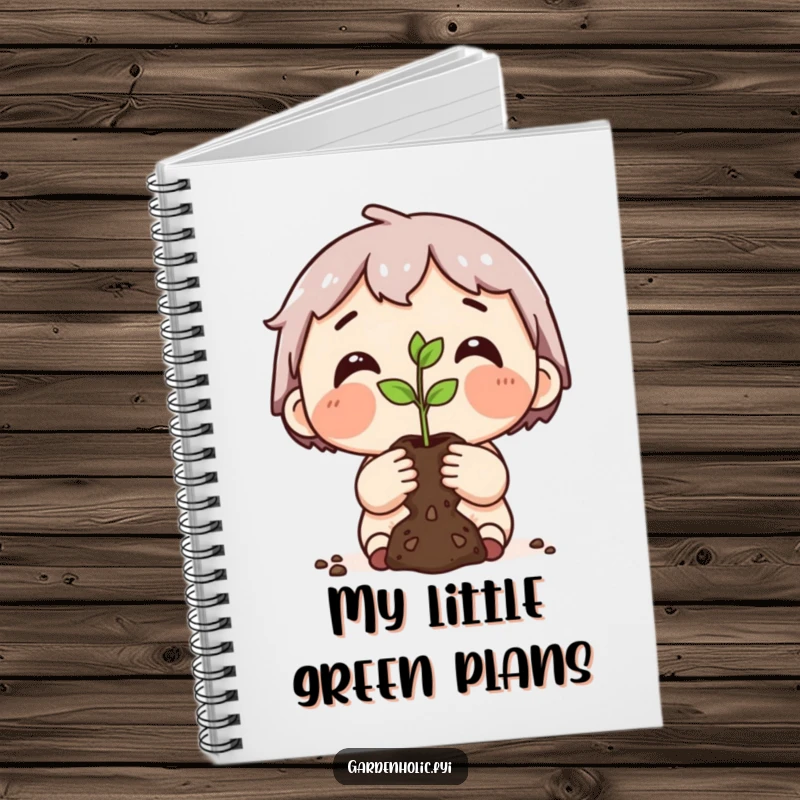Funny notebook featuring a dirt-smudged character proudly holding a tiny seedling, ideal for jotting down garden notes or daily thoughts.