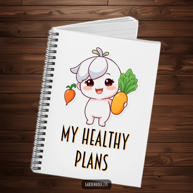 Funny notebook: Tiny character beaming with pride, holding a perfect, shiny vegetable, for garden notes.