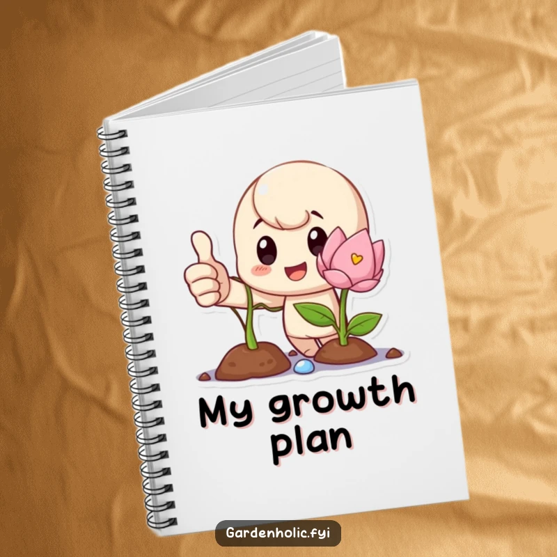 Funny Notebook with a proud character giving a thumbs up beside a blooming sprout, ideal for tracking growth and goals.