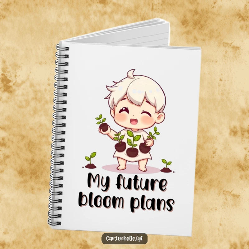 Funny notebook with a character happily juggling three tiny seedlings, perfect for garden notes and planting schedules.