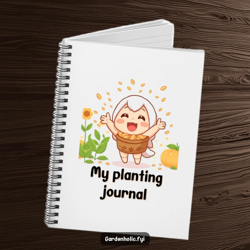 Funny notebook with a joyful character celebrating a bountiful harvest with a shower of seeds on the cover.