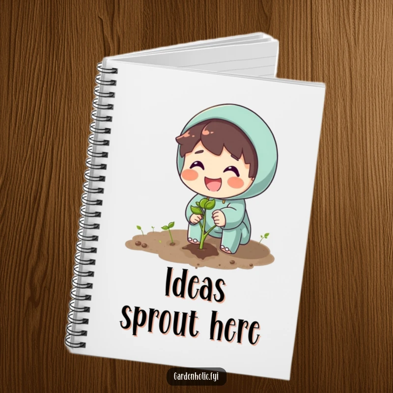 Funny notebook cover with a character excitedly planting a seed with a big smile, ideal for planning.