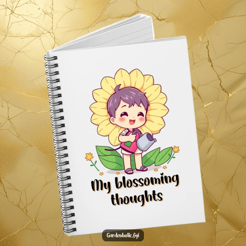 Funny notebook cover with a character happily watering a huge, smiling flower with a mini watering can, ready to record garden plans.