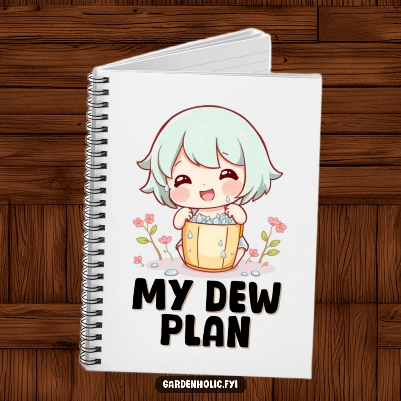 Funny Notebook with a gleeful character collecting dew drops in a miniature bucket, ideal for journaling nature's beauty.