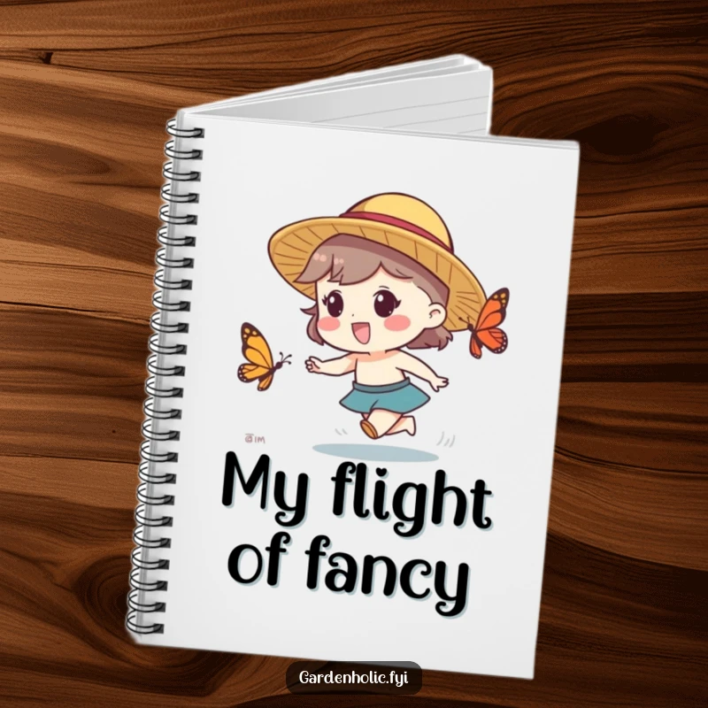 Funny notebook cover with a character in a straw hat excitedly chasing a butterfly, suitable for journaling humor.