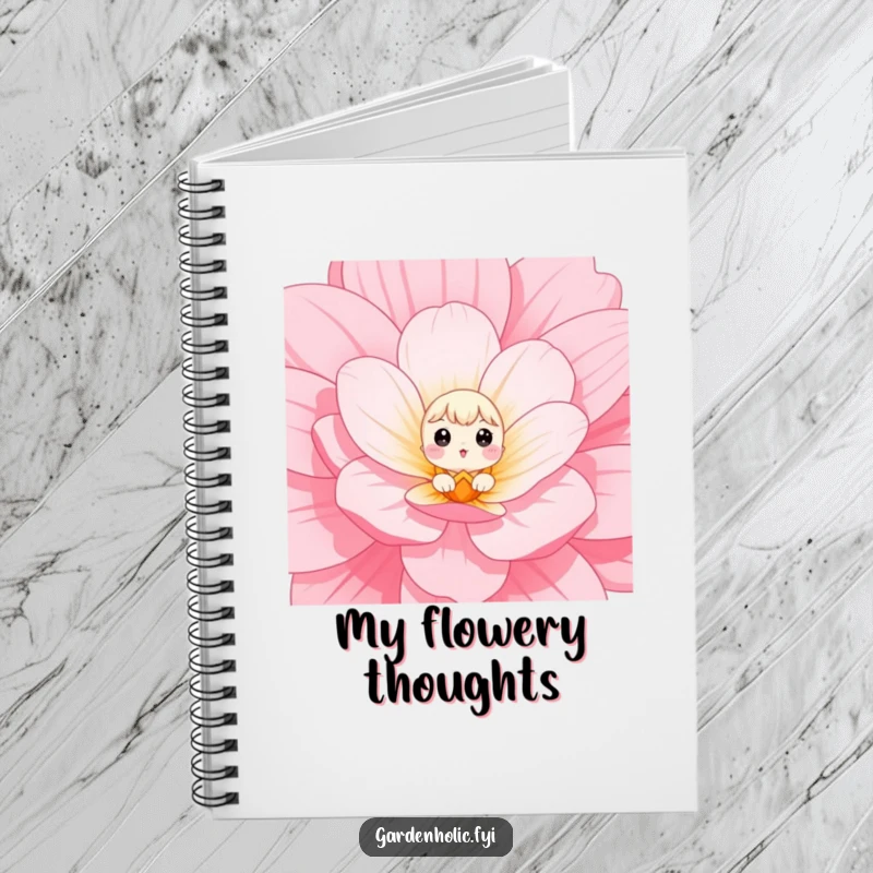 Funny Notebook cover with a small character with wide eyes peeking out from a giant flower, designed for capturing surprises.