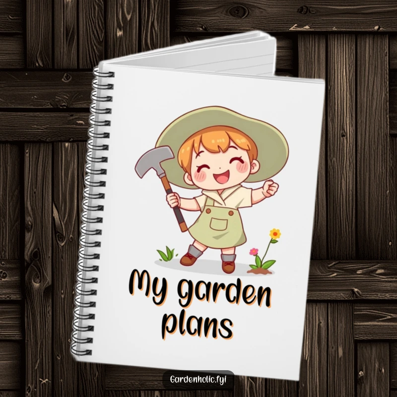 Funny Notebook cover with a character joyfully swinging a gardening hoe with a determined smile, designed for garden planning.