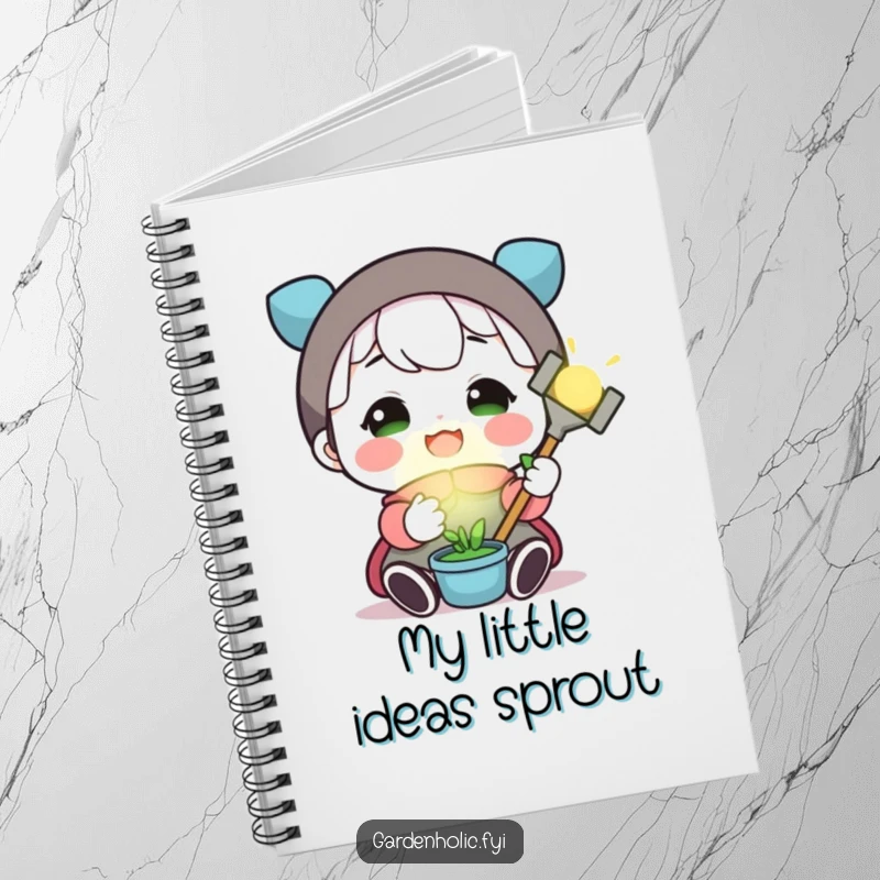 Funny notebook featuring a beaming character with a miniature, glowing gardening tool, ready to jot down gardening inspiration.
