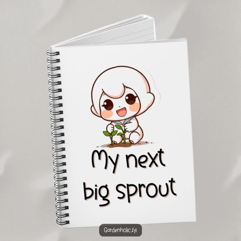 Funny notebook with a small, determined character planting a tiny seed with a smile, ideal for garden planning.