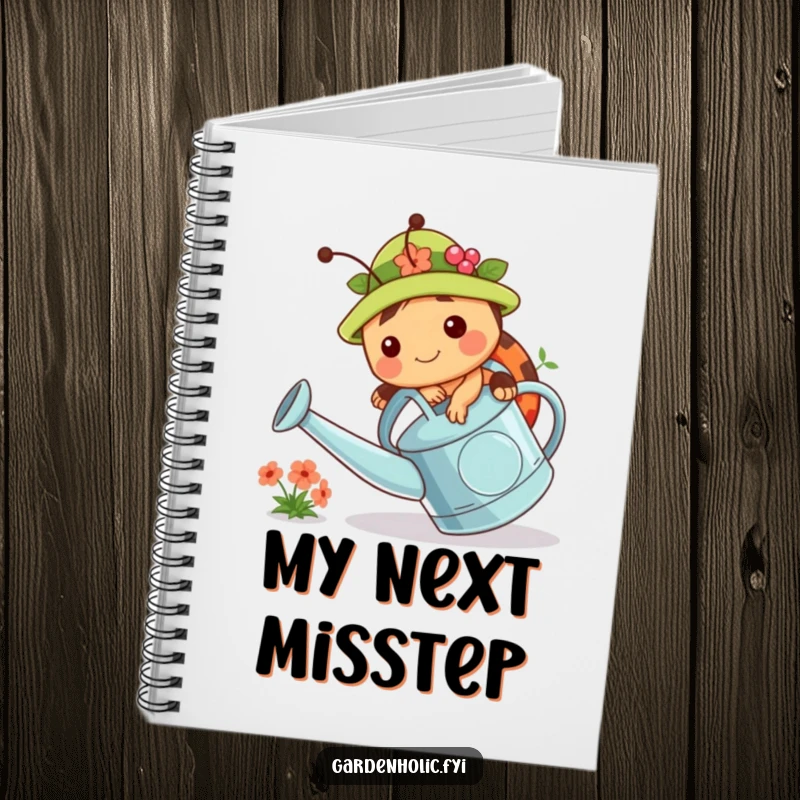 Funny notebook cover featuring a chubby ladybug in a gardening hat, tripping over a watering can. Ideal for notes and planning.