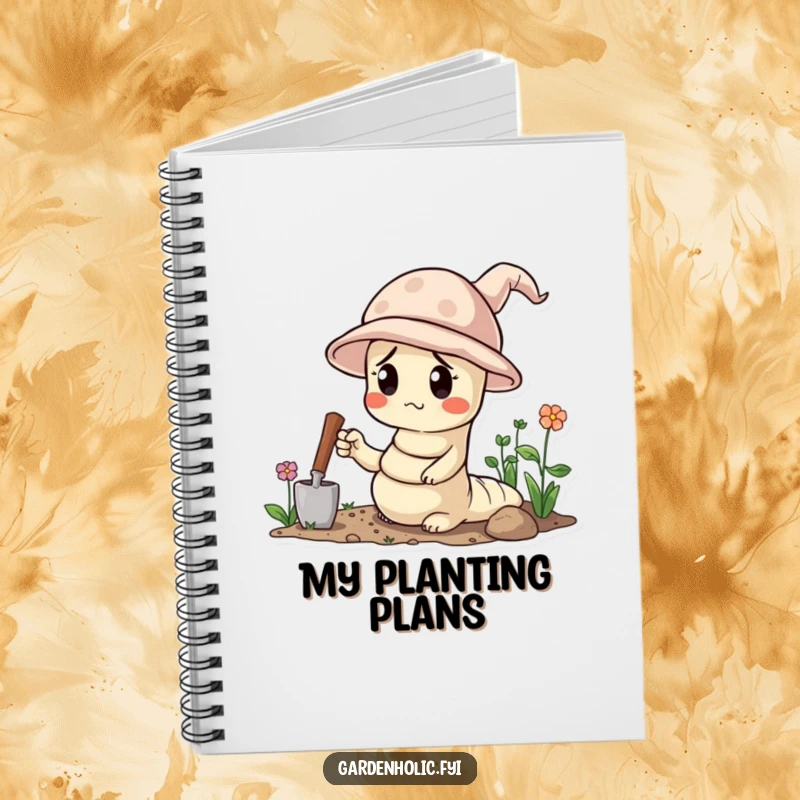 Funny notebook cover featuring a confused worm wearing a tiny gardening hat and holding a trowel, inspiring garden plans.