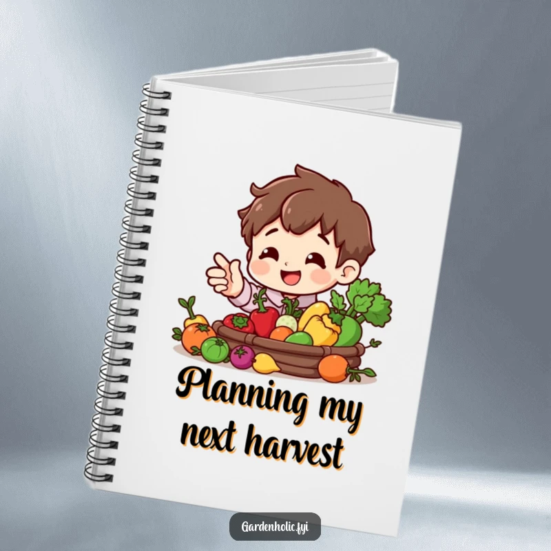 Funny notebook with a smiling character gesturing to a miniature vegetable harvest, perfect for recording garden notes.