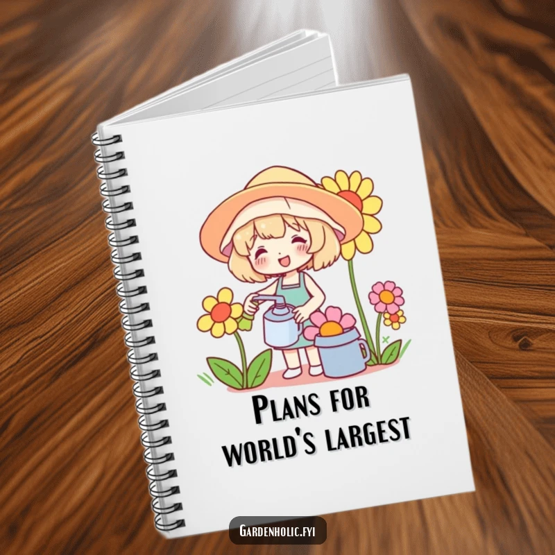 Funny notebook featuring a cute character watering a comically oversized flower, ideal for jotting down garden notes or daily thoughts.