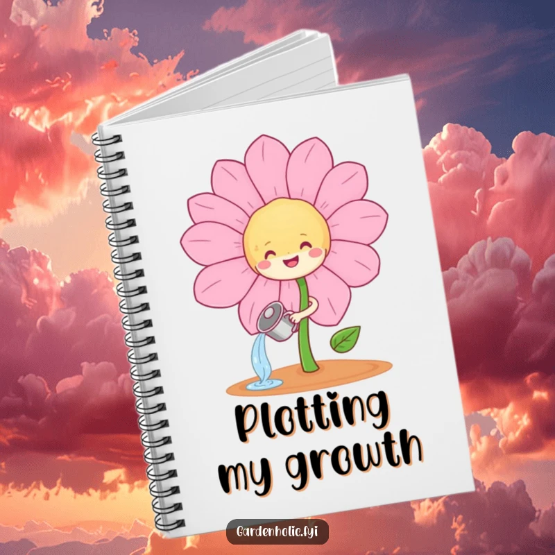 Funny happy sprout character watering a giant, smiling flower on a notebook cover, a funny stationery gift.