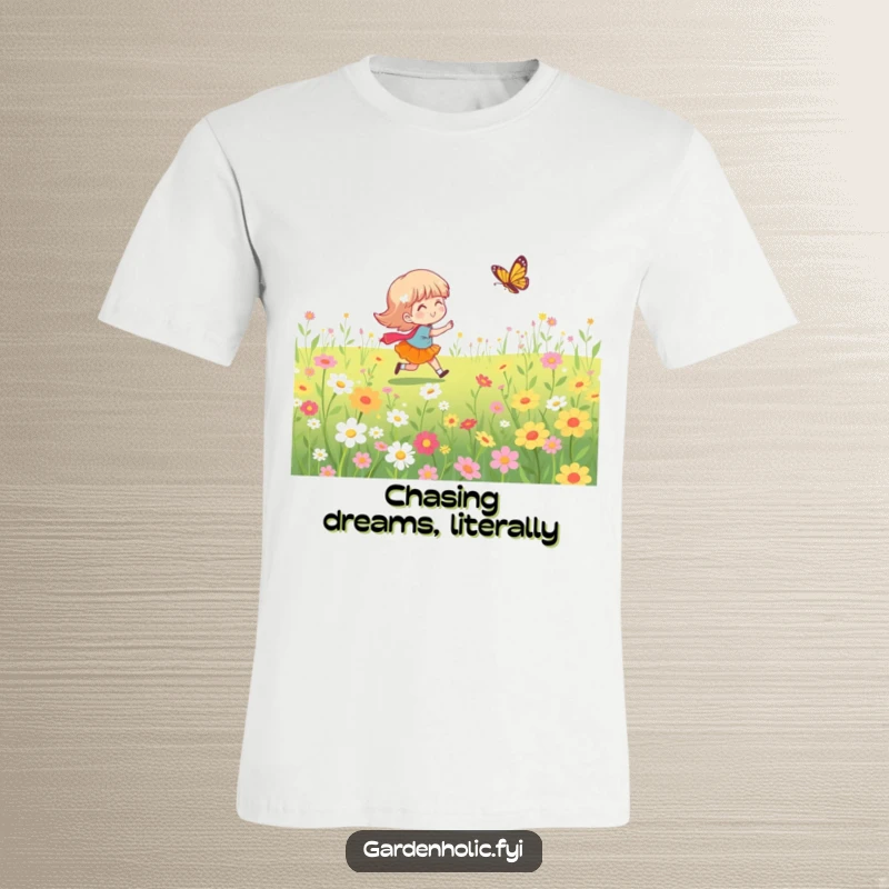 Funny t-shirt showcasing a character playfully pursuing a butterfly through a colorful flower meadow, radiating joy and freedom.