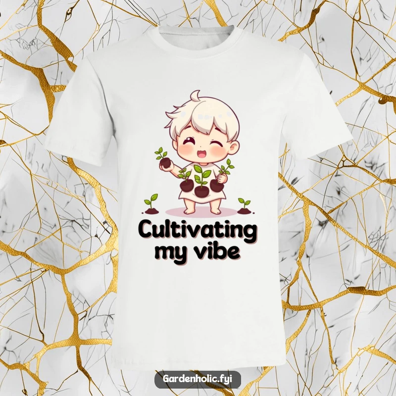 Funny t-shirt showing a happy character skillfully juggling three tiny seedlings with great care and a cheerful expression.