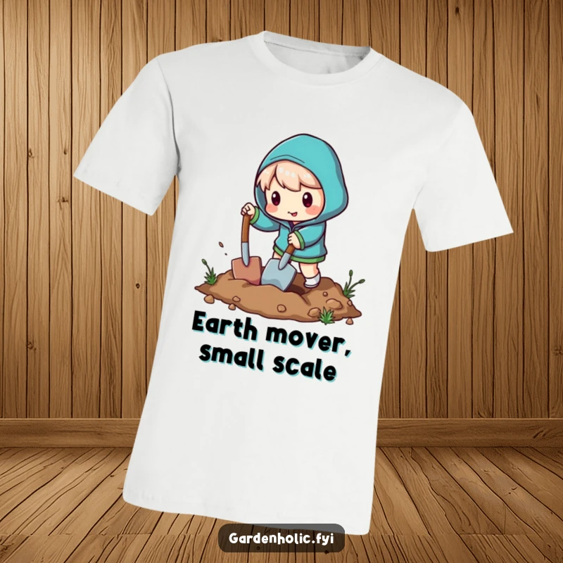 Funny t-shirt showcasing a character enthusiastically digging a hole with a tiny shovel, capturing playful action.