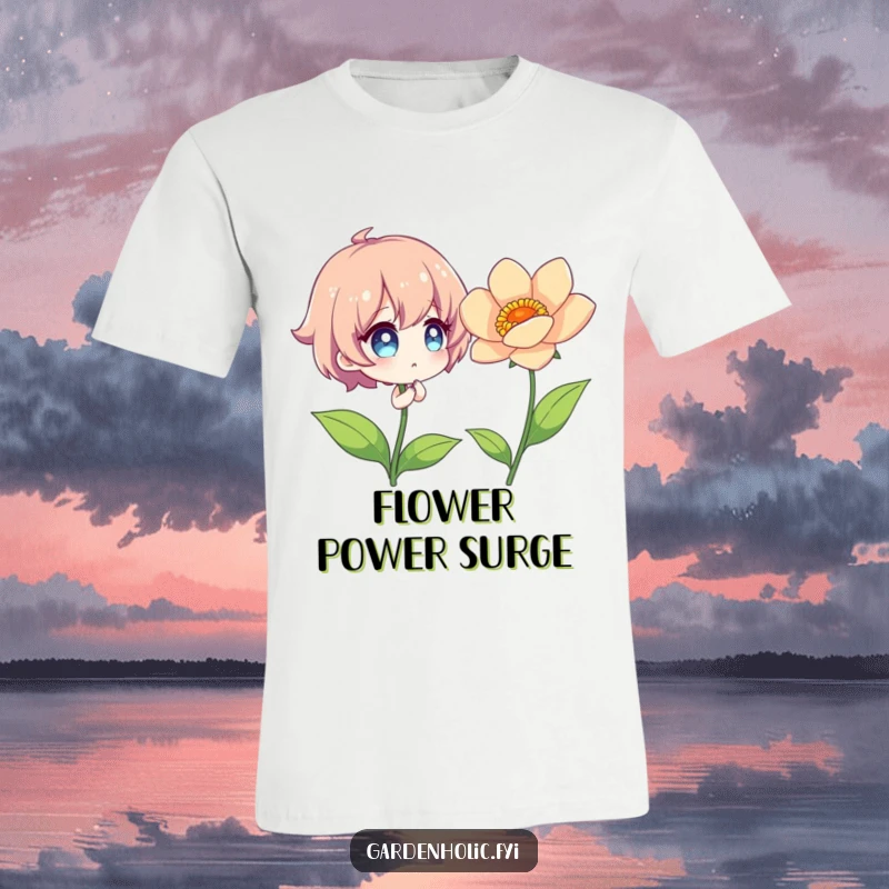 Funny T-Shirt depicting a character with sparkling eyes, admiring a beautiful, vibrant, fully bloomed flower.