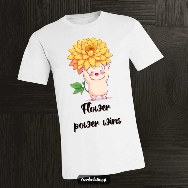 Funny t-shirt featuring a chubby character triumphantly holding a giant, vibrant flower, showcasing a proud achievement.