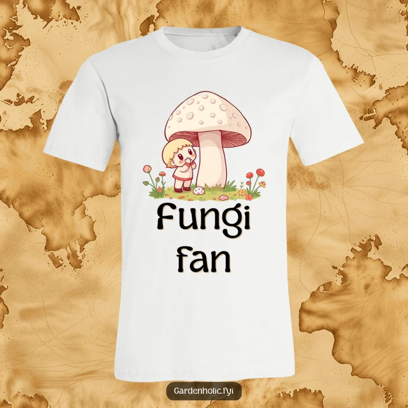 Funny T-Shirt: A character gazes in excitement at an enormous, glistening mushroom, a humorous nature appreciation.