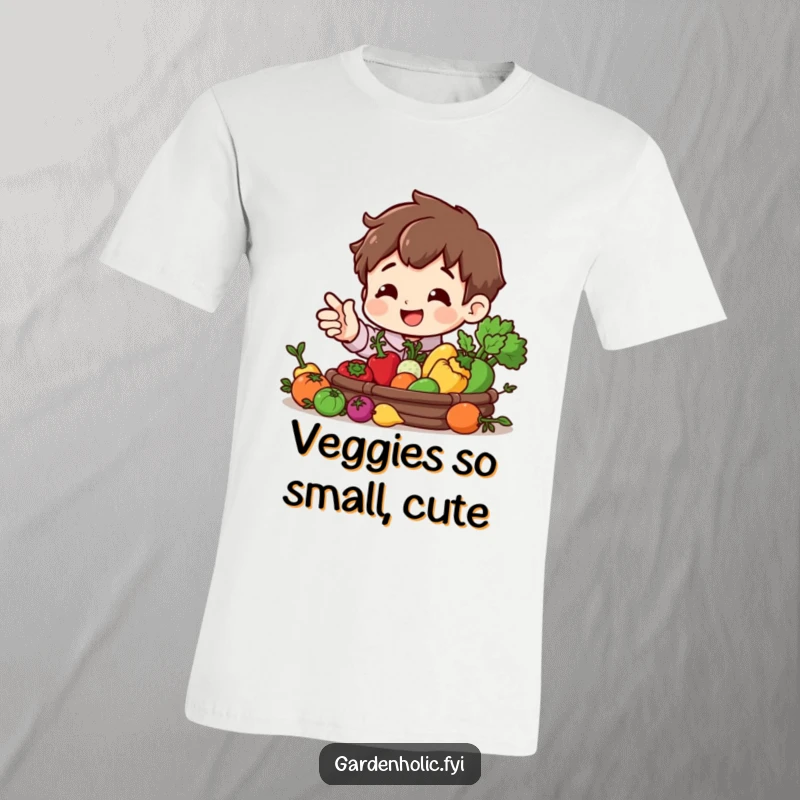Funny t-shirt of a smiling character gesturing towards a lush, miniature vegetable harvest, celebrating abundance.