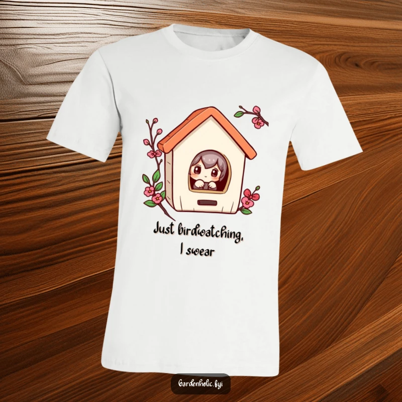 Funny t-shirt with a curious character peeking into a small birdhouse, showcasing hilarious inquisitiveness.