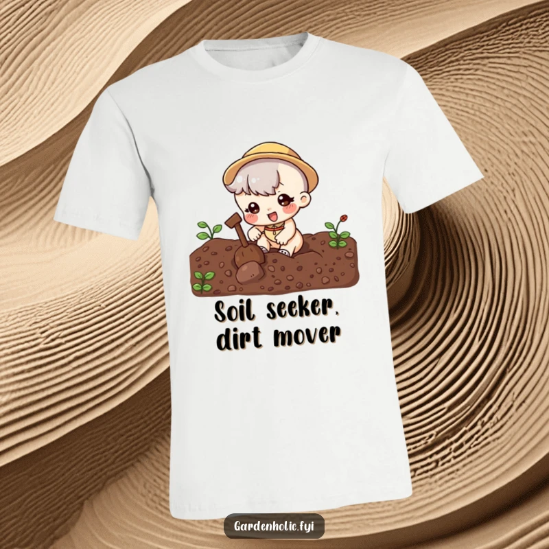 Funny T-Shirt: Cute character energetically digging in dark, rich soil, perfect for garden lovers seeking a humorous apparel gift.