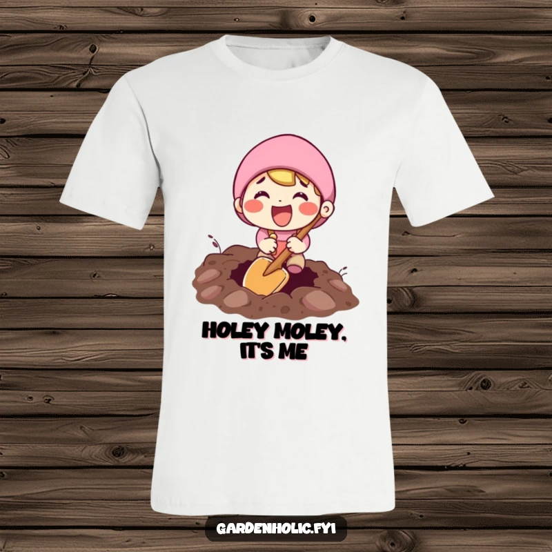 Funny t-shirt depicting an excited character enthusiastically digging a hole using a very small shovel, full of zest.