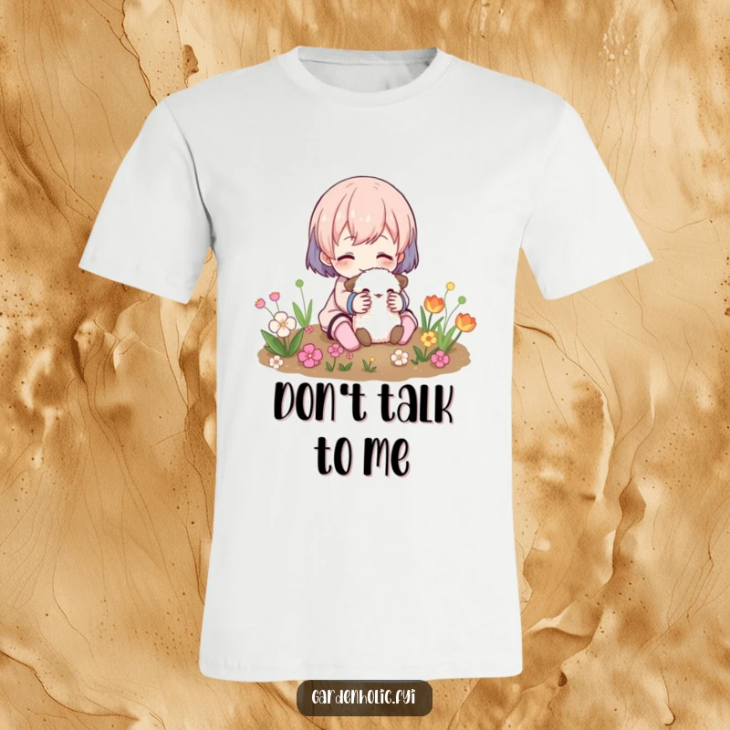 Funny T-Shirt: A character embraces a small, fuzzy pet in a garden, creating a scene of pure joy and humor.