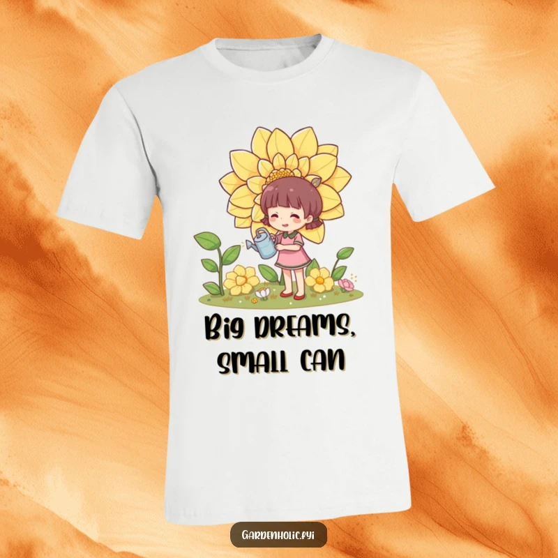 Funny t-shirt showing a character happily watering an enormous flower with a miniature watering can, celebrating growth.