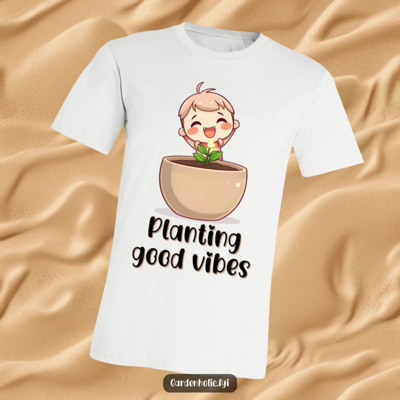 Funny T-Shirt: A cute character smiles with delight while planting a tiny, shimmering seed into a generously sized pot, embracing nature.