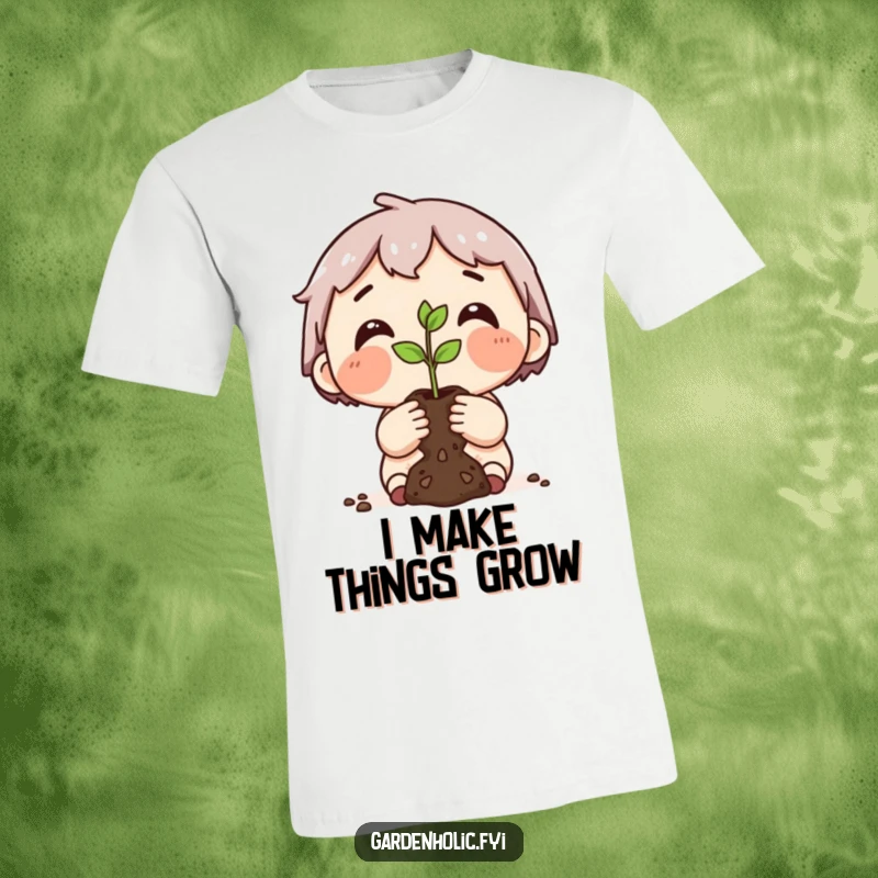 Funny t-shirt showing a character with dirt on their cheeks, proudly displaying a small, vibrant seedling they've just planted.