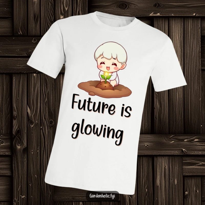 Funny T-Shirt: Character excitedly planting a tiny, glowing seed, representing hope and a bright, humorous start.